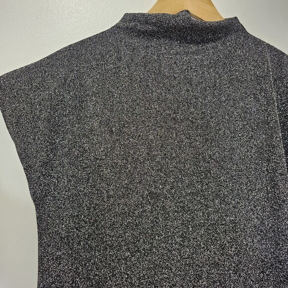 Calvin Klein - Blouse Metallic Knit Cap Sleeve Mock Neck - Size L - Black Silver - Picture 5 of 9